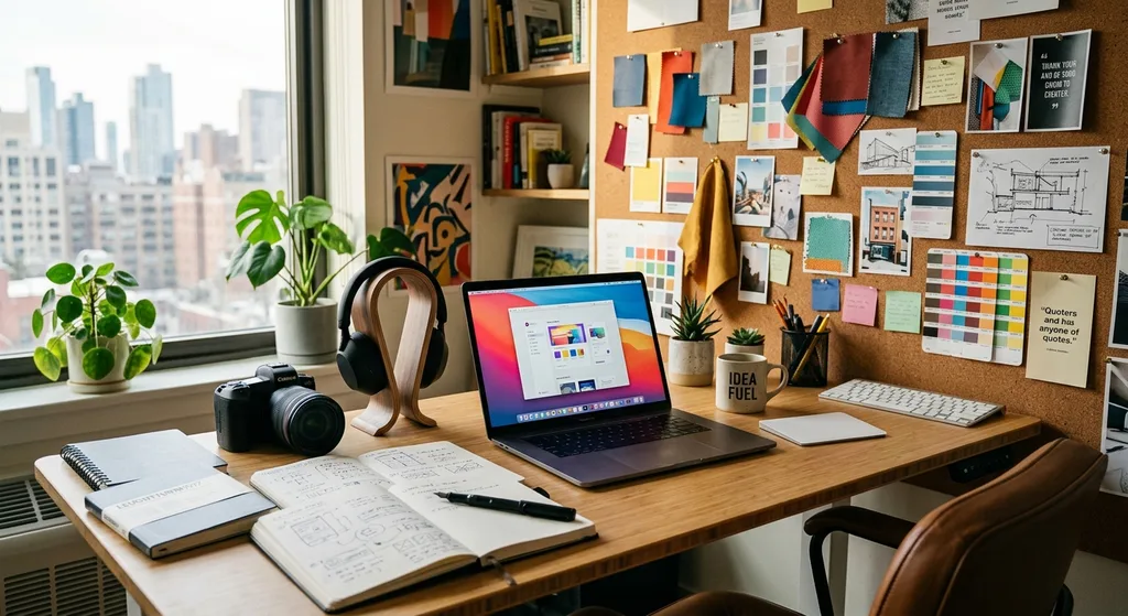 A creator's workspace with a laptop, camera, headphones, and design notes illustrating an AI-powered creative workflow
