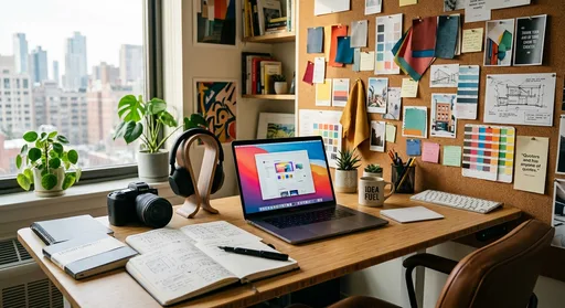 A creator's workspace with a laptop, camera, headphones, and design notes illustrating an AI-powered creative workflow