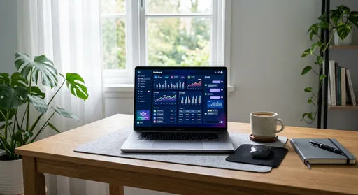 Modern home office desk with a laptop showing AI productivity dashboards and colorful data visualizations in soft natural light.