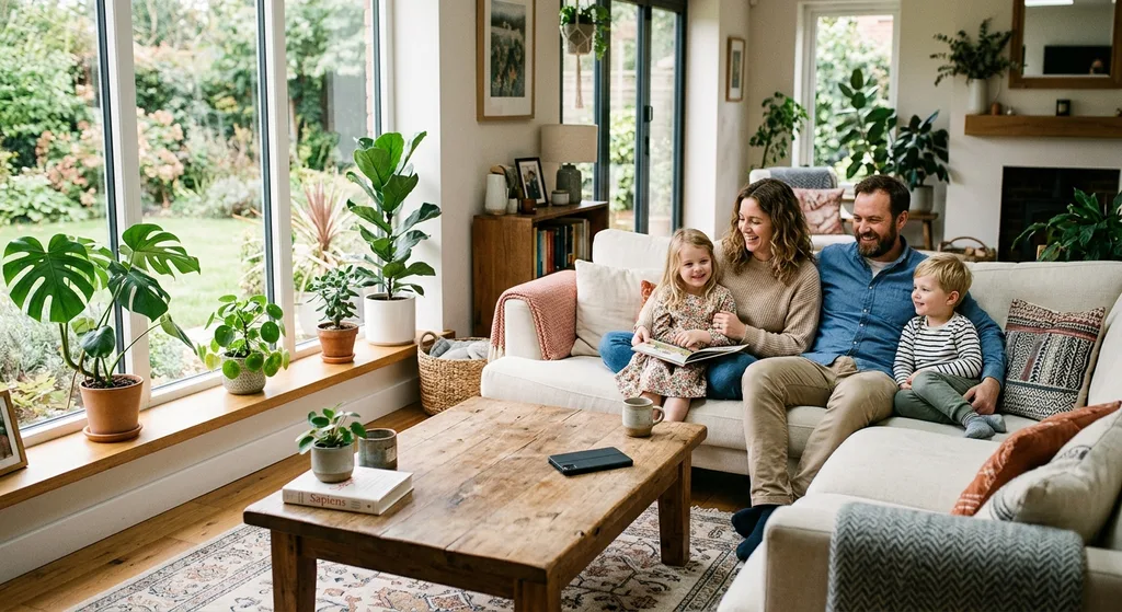 A bright, peaceful living room scene showing a family relaxing with a smartphone set aside on a coffee table, representing mindful EMF reduction habits at home