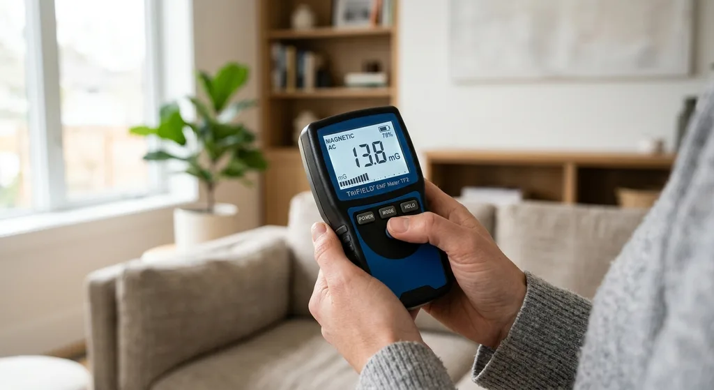 A person holding a digital EMF meter in a home environment, with the device display showing electromagnetic field readings.