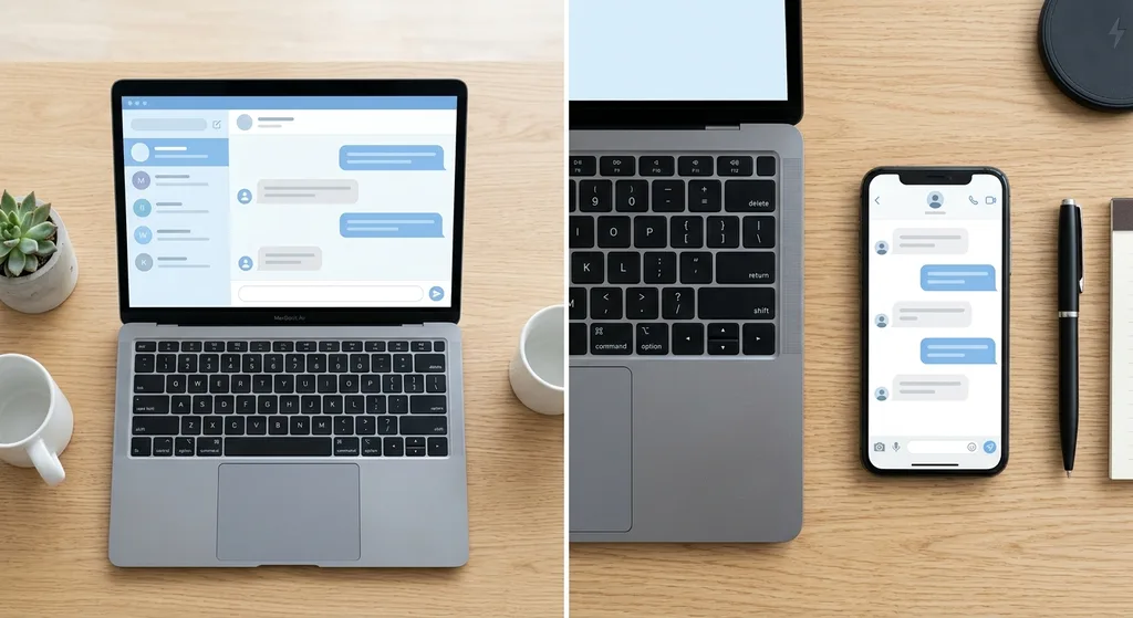 Laptop and smartphone displaying different AI chatbot interfaces on a clean modern desk, representing a comparison of ChatGPT alternatives