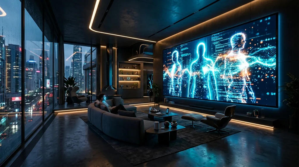 Futuristic living room with glowing screen showing abstract AI humanoid silhouettes made of light and data streams