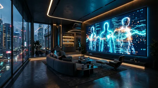 Futuristic living room with glowing screen showing abstract AI humanoid silhouettes made of light and data streams