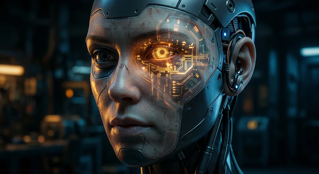 Close-up of a humanoid android face with a glowing circuit pattern visible beneath translucent skin in dramatic lighting
