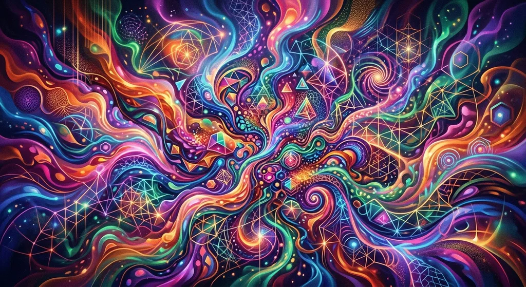 Close-up of a vibrant abstract digital painting with flowing colors and intricate geometric patterns created by AI