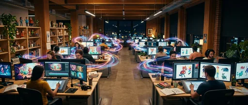 Animation studio workspace with glowing screens showing colorful cartoon characters and abstract AI-generated light patterns